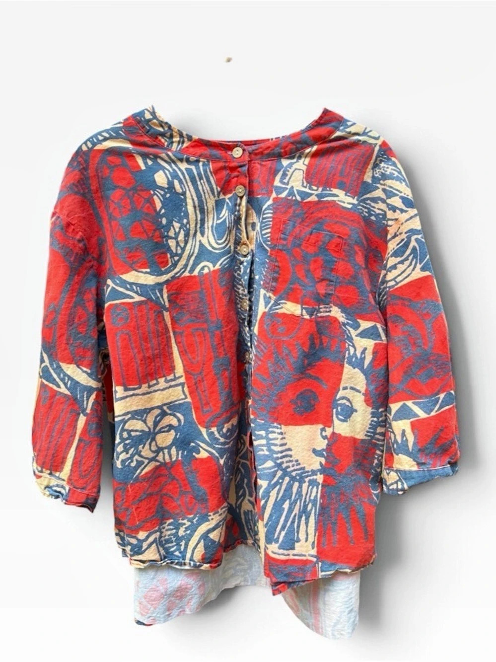 Plushcarpet Bohemian Ethnic Collage Art Pattern Abstract Print Button Down - Picture 2 of 9
